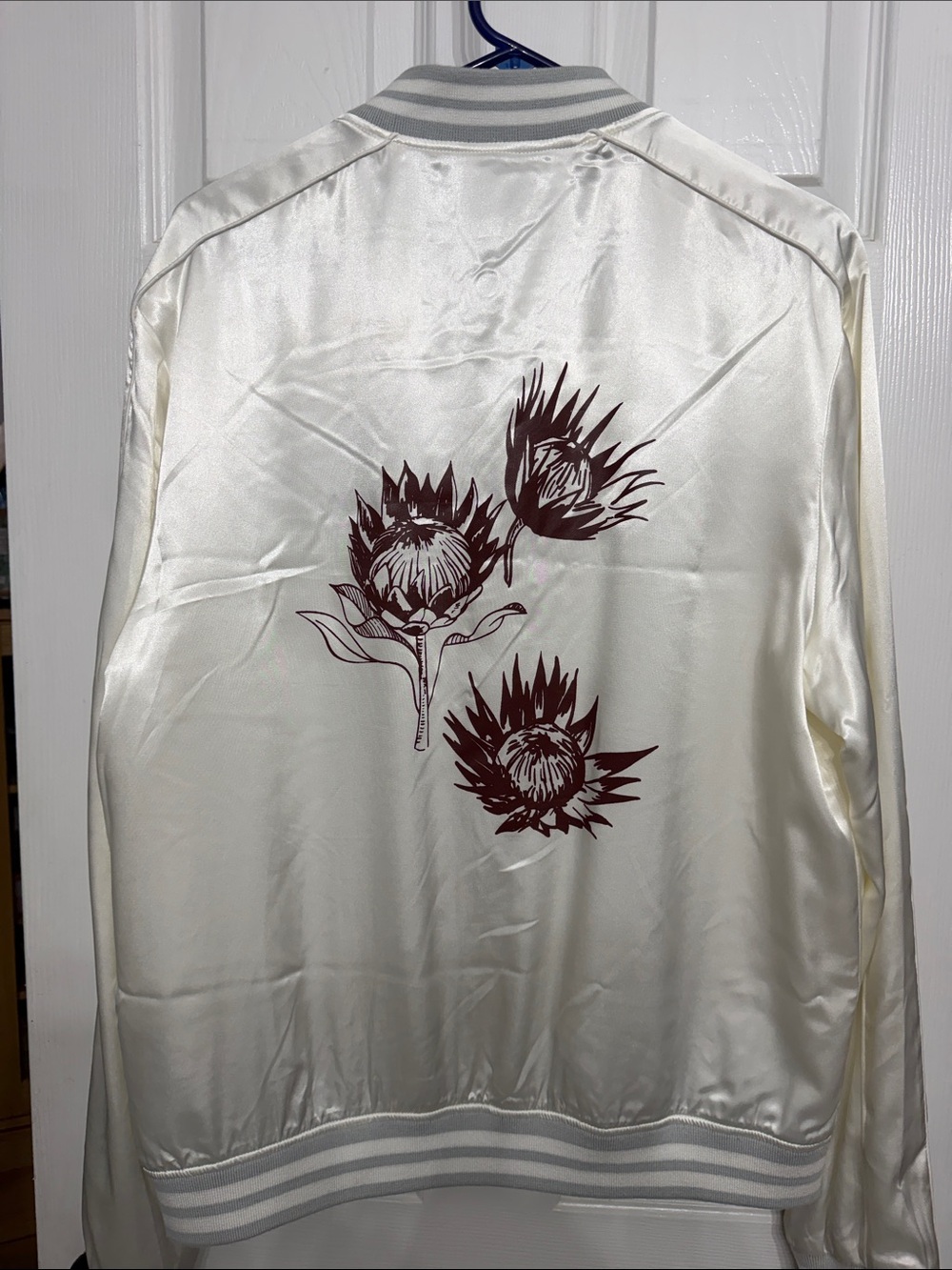 ASOS Cream Satin Bomber Jacket with Burgundy Floral Embroidery - Picture 2 of 6